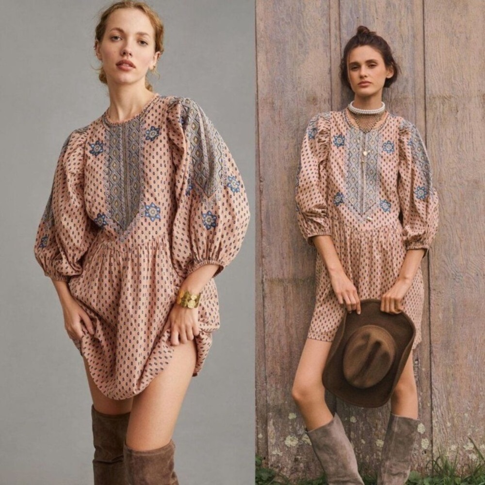 By Anthropologie Embroidered Tunic Mini Dress With Pockets